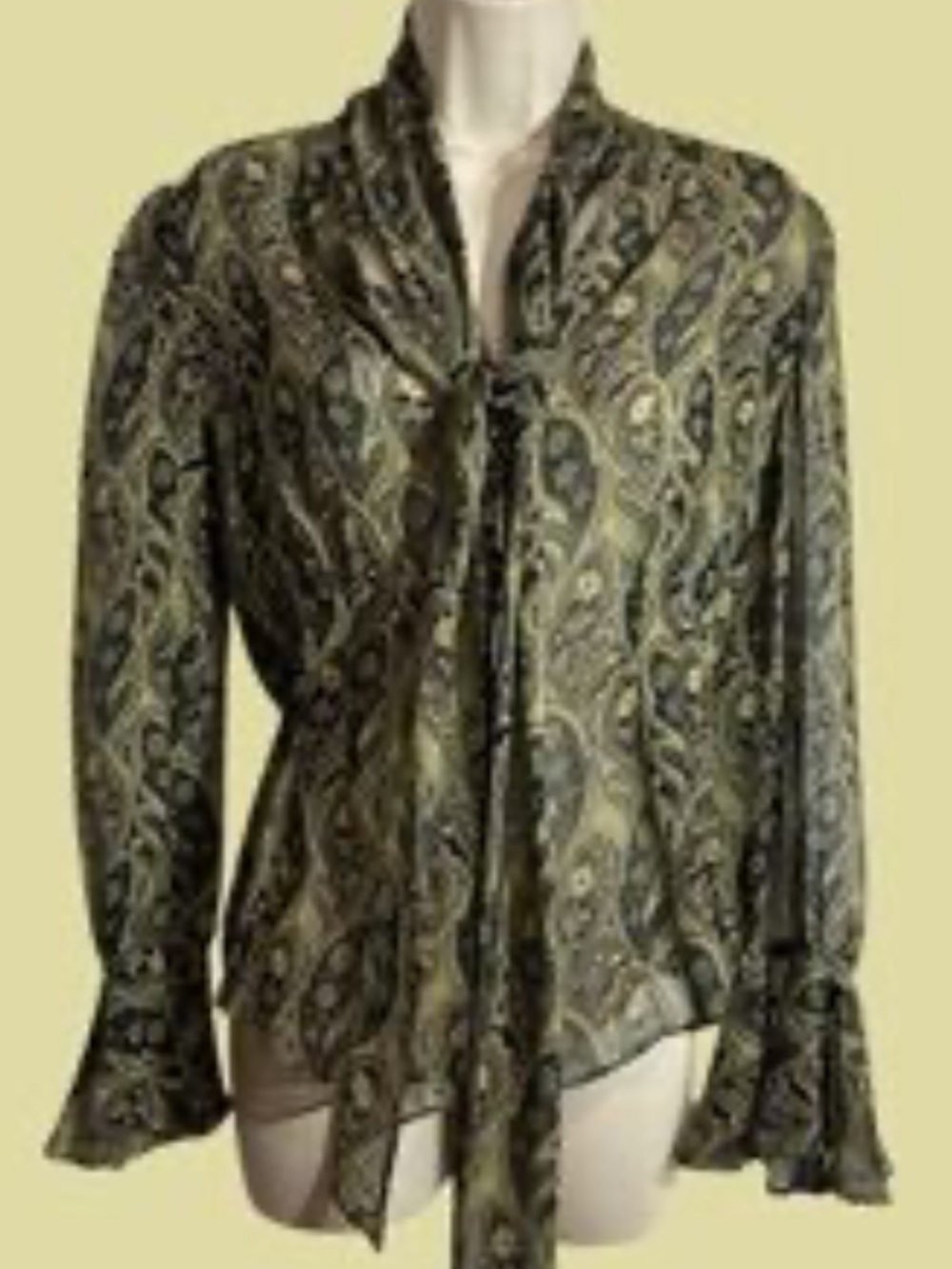 Banana Republic 100% Silk Paisley Sheer Long Sleeve Blouse Sage Bell Sleeves